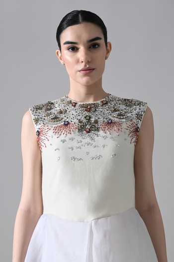 Samant Chauhan_Ivory Organza, Canvas Round Neck Hand Embellished Layered Asymmetric Hem Dress _at_Aza_Fashions