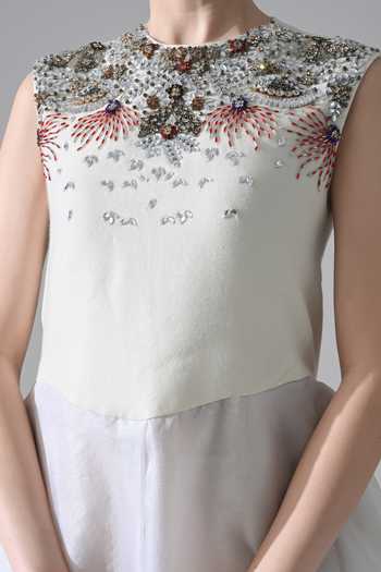 Buy_Samant Chauhan_Ivory Organza, Canvas Round Neck Hand Embellished Layered Asymmetric Hem Dress 