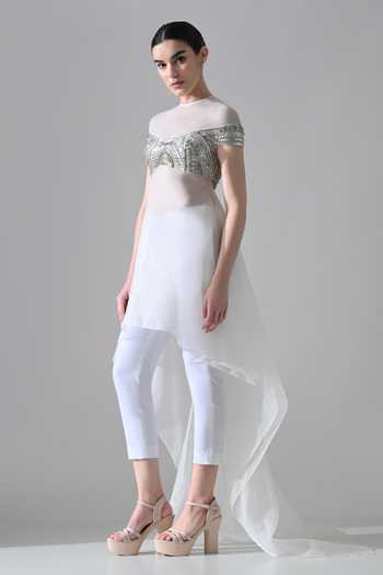 Samant Chauhan_Ivory Silk, Cotton, Organza High Neck Hand Embellished Top Pant Set _Online_at_Aza_Fashions