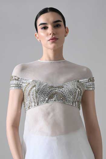 Buy_Samant Chauhan_Ivory Silk, Cotton, Organza High Neck Hand Embellished Top Pant Set _Online_at_Aza_Fashions
