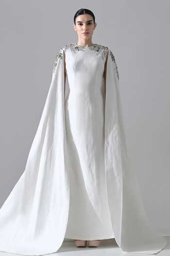 Samant Chauhan_Ivory Silk, Cotton Beads, Stones, Crystals High Neck Hand Embellished Gown _Online_at_Aza_Fashions