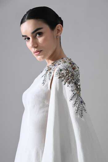 Buy_Samant Chauhan_Ivory Silk, Cotton Beads, Stones, Crystals High Neck Hand Embellished Gown _Online_at_Aza_Fashions