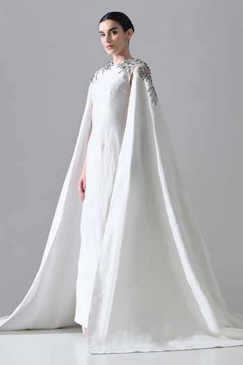 Shop_Samant Chauhan_Ivory Silk, Cotton Beads, Stones, Crystals High Neck Hand Embellished Gown _Online_at_Aza_Fashions