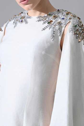 Samant Chauhan_Ivory Silk, Cotton Beads, Stones, Crystals High Neck Hand Embellished Gown _at_Aza_Fashions
