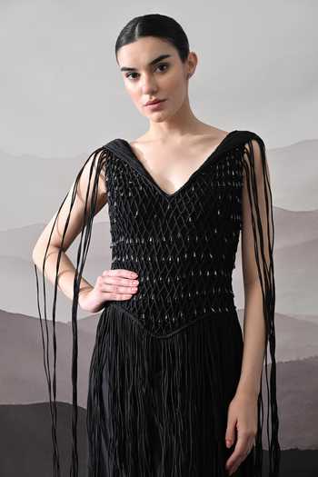 Samant Chauhan Black Silk, Cotton Beads, Fringe V-neck Textured Handcrafted Gown Online at Aza Fashions Samant Chauhan_Black Silk, Cotton Beads, Fringe V-neck Textured Handcrafted Gown _Online_at_Aza_Fashions