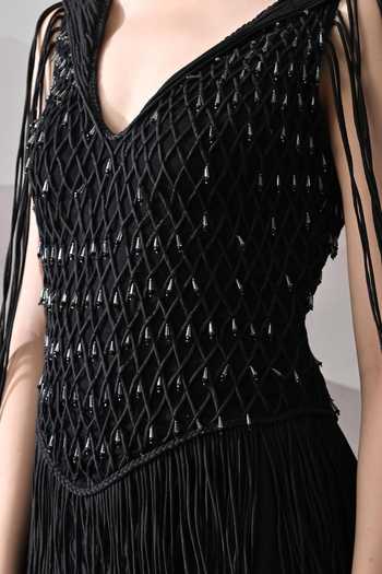 Buy Samant Chauhan Black Silk, Cotton Beads, Fringe V-neck Textured Handcrafted Gown Online at Aza Fashions Buy_Samant Chauhan_Black Silk, Cotton Beads, Fringe V-neck Textured Handcrafted Gown _Online_at_Aza_Fashions