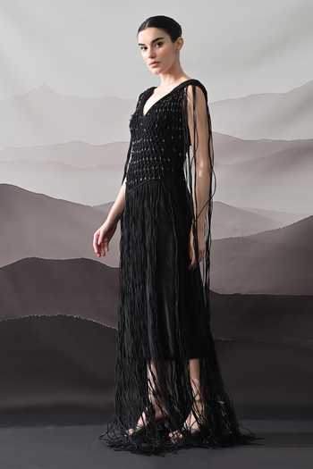 Shop Samant Chauhan Black Silk, Cotton Beads, Fringe V-neck Textured Handcrafted Gown Online at Aza Fashions Shop_Samant Chauhan_Black Silk, Cotton Beads, Fringe V-neck Textured Handcrafted Gown _Online_at_Aza_Fashions