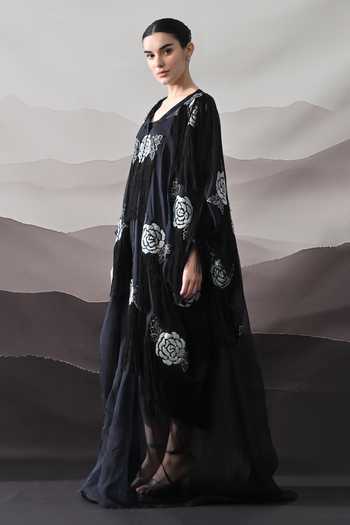 Samant Chauhan Black Organza, Cotton Silk Applique, Fringe Floral Kaftan And Overlay Set Online at Aza Fashions Samant Chauhan_Black Organza, Cotton Silk Applique, Fringe Floral Kaftan And Overlay Set _Online_at_Aza_Fashions