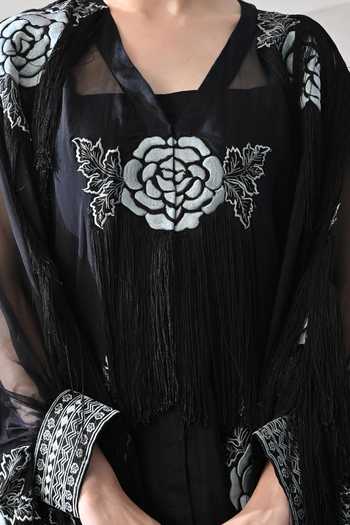 Buy Samant Chauhan Black Organza, Cotton Silk Applique, Fringe Floral Kaftan And Overlay Set Online at Aza Fashions Buy_Samant Chauhan_Black Organza, Cotton Silk Applique, Fringe Floral Kaftan And Overlay Set _Online_at_Aza_Fashions