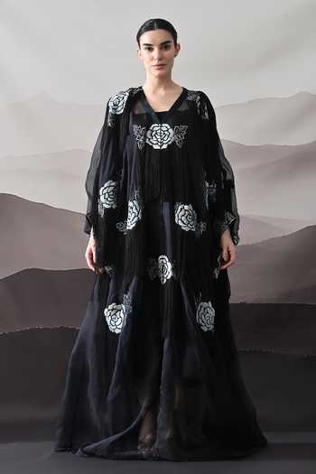 Samant Chauhan Floral Organza Cotton Silk Kaftan & Overlay Set 