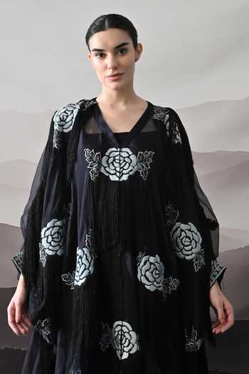 Shop Samant Chauhan Black Organza, Cotton Silk Applique, Fringe Floral Kaftan And Overlay Set Online at Aza Fashions Shop_Samant Chauhan_Black Organza, Cotton Silk Applique, Fringe Floral Kaftan And Overlay Set _Online_at_Aza_Fashions