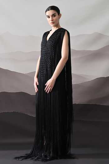 Samant Chauhan Black Silk, Cotton Embroidery, Fringe V-neck Textured Gown Online at Aza Fashions Samant Chauhan_Black Silk, Cotton Embroidery, Fringe V-neck Textured Gown _Online_at_Aza_Fashions