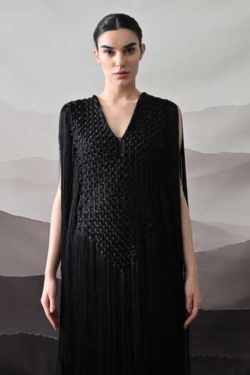 Buy Samant Chauhan Black Silk, Cotton Embroidery, Fringe V-neck Textured Gown Online at Aza Fashions Buy_Samant Chauhan_Black Silk, Cotton Embroidery, Fringe V-neck Textured Gown _Online_at_Aza_Fashions