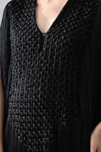 Shop Samant Chauhan Black Silk, Cotton Embroidery, Fringe V-neck Textured Gown Online at Aza Fashions Shop_Samant Chauhan_Black Silk, Cotton Embroidery, Fringe V-neck Textured Gown _Online_at_Aza_Fashions
