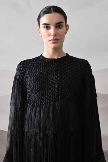 Samant Chauhan Black Silk, Cotton Fringe High Neck Hand Embellished Gown Online at Aza Fashions Samant Chauhan_Black Silk, Cotton Fringe High Neck Hand Embellished Gown _Online_at_Aza_Fashions