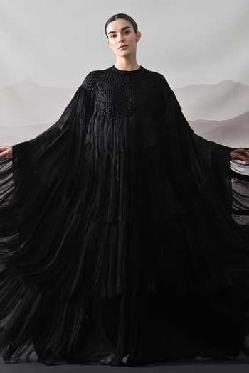 Shop Samant Chauhan Black Silk, Cotton Fringe High Neck Hand Embellished Gown Online at Aza Fashions Shop_Samant Chauhan_Black Silk, Cotton Fringe High Neck Hand Embellished Gown _Online_at_Aza_Fashions