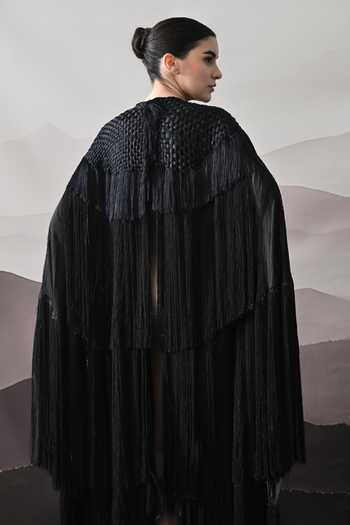 Samant Chauhan Black Silk, Cotton Fringe High Neck Hand Embellished Gown at Aza Fashions Samant Chauhan_Black Silk, Cotton Fringe High Neck Hand Embellished Gown _at_Aza_Fashions