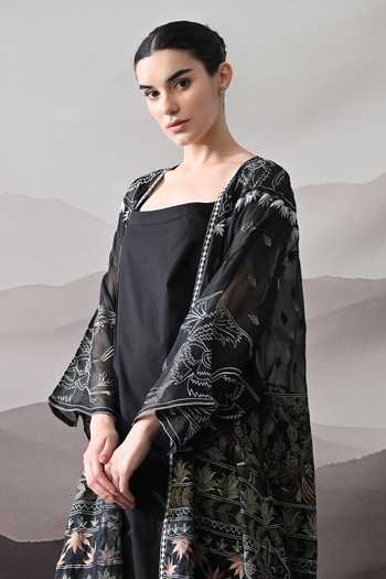 Samant Chauhan Black Silk, Cotton, Organza Embroidery Square Neck Overlay And Kaftan Set Online at Aza Fashions Samant Chauhan_Black Silk, Cotton, Organza Embroidery Square Neck Overlay And Kaftan Set _Online_at_Aza_Fashions