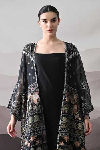 Shop Samant Chauhan Black Silk, Cotton, Organza Embroidery Square Neck Overlay And Kaftan Set Online at Aza Fashions Shop_Samant Chauhan_Black Silk, Cotton, Organza Embroidery Square Neck Overlay And Kaftan Set _Online_at_Aza_Fashions