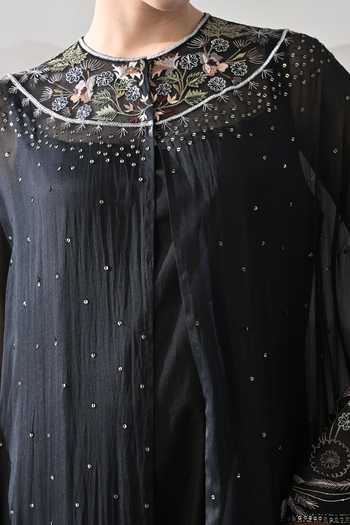 Samant Chauhan_Black Organza Round Neck Floral Thread Embroidered Kaftan _Online_at_Aza_Fashions