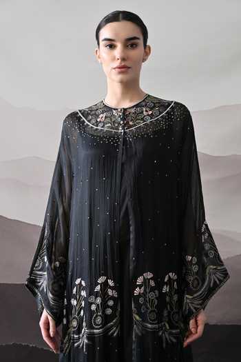 Buy_Samant Chauhan_Black Organza Round Neck Floral Thread Embroidered Kaftan _Online_at_Aza_Fashions