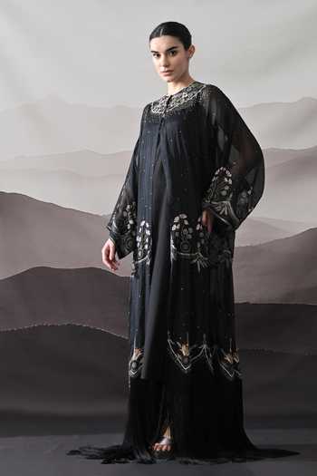 Shop_Samant Chauhan_Black Organza Round Neck Floral Thread Embroidered Kaftan _Online_at_Aza_Fashions