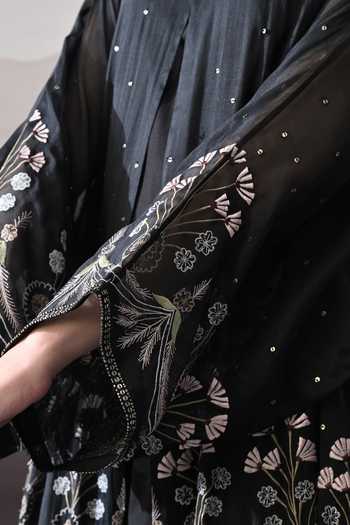 Buy_Samant Chauhan_Black Organza Round Neck Floral Thread Embroidered Kaftan 