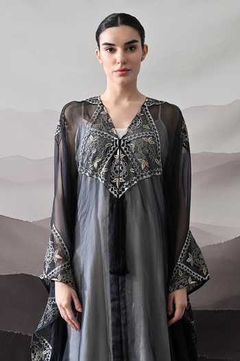 Samant Chauhan_Black Cotton, Organza V-neck Geometric Embroidered Kaftan _Online_at_Aza_Fashions