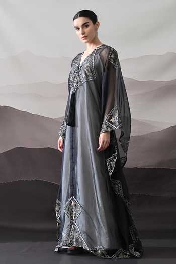 Shop_Samant Chauhan_Black Cotton, Organza V-neck Geometric Embroidered Kaftan _Online_at_Aza_Fashions