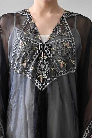 Samant Chauhan_Black Cotton, Organza V-neck Geometric Embroidered Kaftan _at_Aza_Fashions