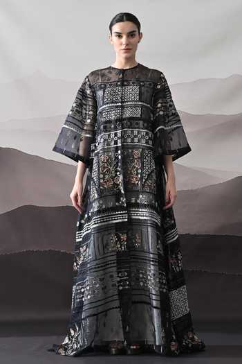 Samant Chauhan_Black Cotton, Linen Round Neck Artisanal Embroidered Kaftan _Online_at_Aza_Fashions