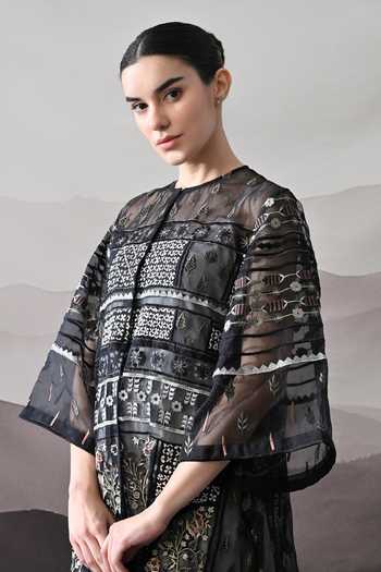 Buy_Samant Chauhan_Black Cotton, Linen Round Neck Artisanal Embroidered Kaftan _Online_at_Aza_Fashions
