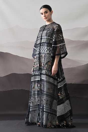 Shop_Samant Chauhan_Black Cotton, Linen Round Neck Artisanal Embroidered Kaftan _Online_at_Aza_Fashions