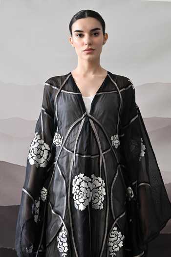 Samant Chauhan_Black Cotton, Organza V-neck Floral Motif Kaftan  _Online_at_Aza_Fashions