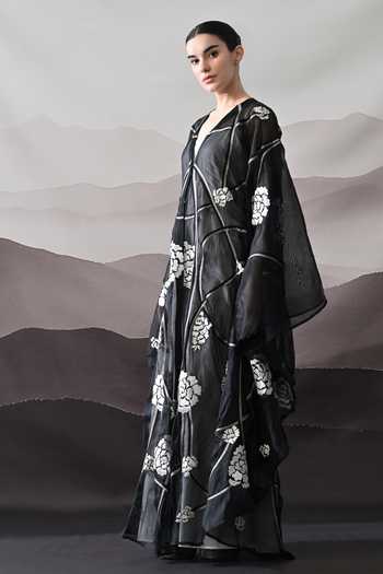 Buy_Samant Chauhan_Black Cotton, Organza V-neck Floral Motif Kaftan  _Online_at_Aza_Fashions