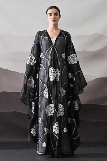 Shop_Samant Chauhan_Black Cotton, Organza V-neck Floral Motif Kaftan  _Online_at_Aza_Fashions