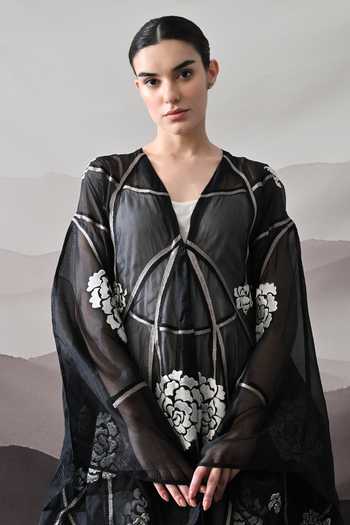 Samant Chauhan_Black Cotton, Organza V-neck Floral Motif Kaftan  _at_Aza_Fashions