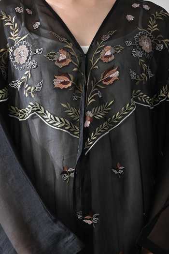 Samant Chauhan_Black Cotton, Organza V-neck Hand Embroidered Kaftan _Online_at_Aza_Fashions