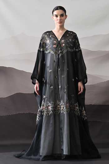 Buy_Samant Chauhan_Black Cotton, Organza V-neck Hand Embroidered Kaftan _Online_at_Aza_Fashions