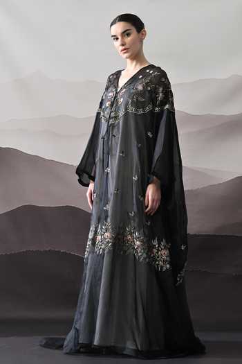 Shop_Samant Chauhan_Black Cotton, Organza V-neck Hand Embroidered Kaftan _Online_at_Aza_Fashions