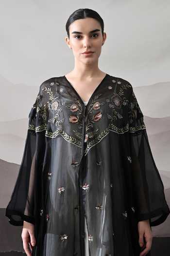 Samant Chauhan_Black Cotton, Organza V-neck Hand Embroidered Kaftan _at_Aza_Fashions