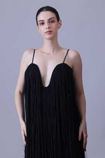 Samant Chauhan_Black Silk, Cotton Fringe Plunge Neck Gown _Online_at_Aza_Fashions