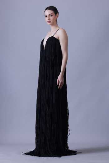 Buy_Samant Chauhan_Black Silk, Cotton Fringe Plunge Neck Gown _Online_at_Aza_Fashions