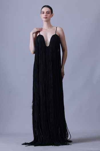 Shop_Samant Chauhan_Black Silk, Cotton Fringe Plunge Neck Gown _Online_at_Aza_Fashions