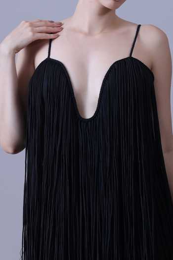 Samant Chauhan_Black Silk, Cotton Fringe Plunge Neck Gown _at_Aza_Fashions