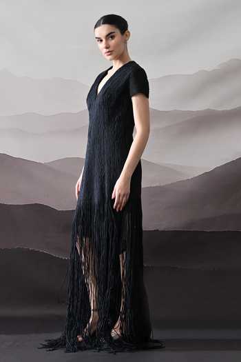 Samant Chauhan_Black Silk, Cotton Fringe V-neck Textured Gown _Online_at_Aza_Fashions