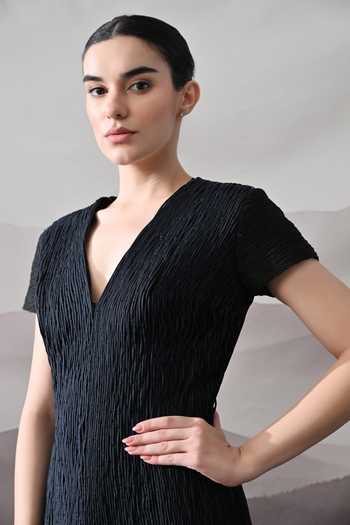 Buy_Samant Chauhan_Black Silk, Cotton Fringe V-neck Textured Gown _Online_at_Aza_Fashions