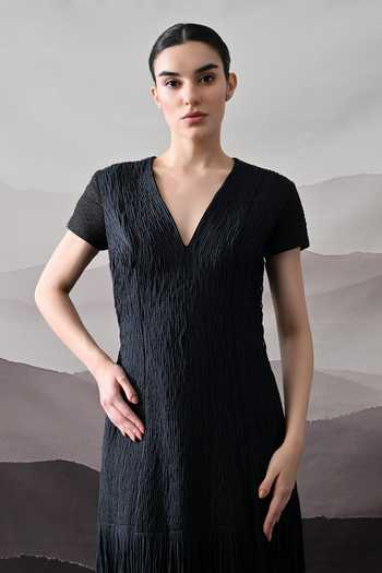 Shop_Samant Chauhan_Black Silk, Cotton Fringe V-neck Textured Gown _Online_at_Aza_Fashions