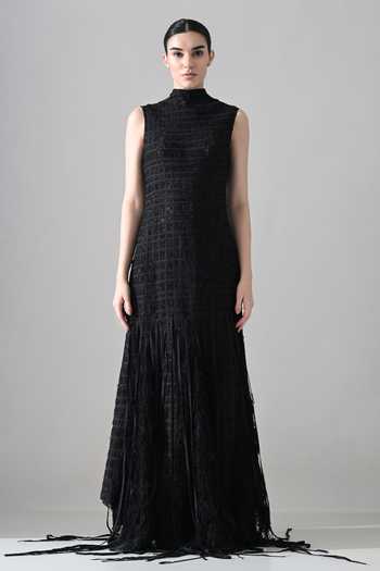 Samant Chauhan_Black Silk, Cotton High Neck Grid Textured Dress _Online_at_Aza_Fashions