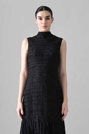Buy_Samant Chauhan_Black Silk, Cotton High Neck Grid Textured Dress _Online_at_Aza_Fashions